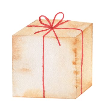 Watercolor drawing of a beige cardboard gift box with a reed bow on a white background. Isolate for invitations and greeting cards for holidays and birthdays
