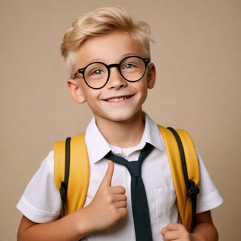 Portrait of a funny smart blond schoolboy in round glasses, with a bag and a white shirt.Yellow studio background. Education. Looks at the camera and smiles