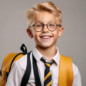 Portrait of a funny fit blond schoolboy in round glasses, with a bag and a white shirt.Grey studio background. Education. Looks at the camera and smiles