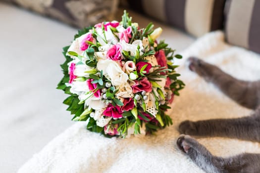 cat and wedding bouquet. Bridal fresh bouquet