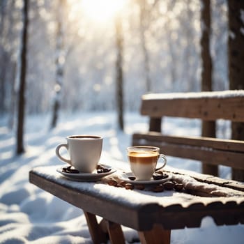 two cups of espresso coffee on a winter bench covered with snow, against the background of a winter forest in the rays of the sun