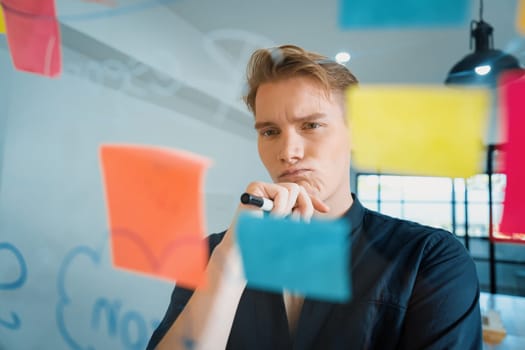 Professional caucasian businessman brainstorming marketing idea by using mind map and sticky notes on glass board at modern meeting room. Creative business and planing concept. Immaculate.