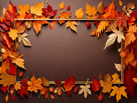 Autumn seasonal background with a long horizontal frame made of falling autumn leaves of golden, red and orange colors highlighted in the background