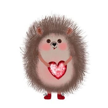 Watercolor cute drawing of a hedgehog with a heart on a white background. A spiky cartoon animal to decorate cards for baby shower and valentine day