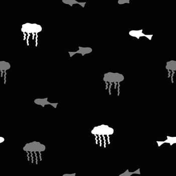 Hand Drawn Underwater World Seamless Pattern. Sea Life Digital Paper with Jelly Fish and Fish Silhouettes in Black and White.