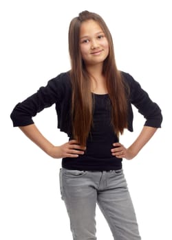 Child, girl and portrait fashion smile for confidence in studio, school student at white background. Young person, teen model or proud face for cool clothes or positive attitude, trendy or stylish.