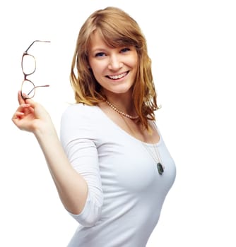 Woman, glasses and fashion in studio portrait with smile, confidence and eye care by white background. Girl, happy and show frame for eyesight, vision and wellness with trendy style, clothes or pride.
