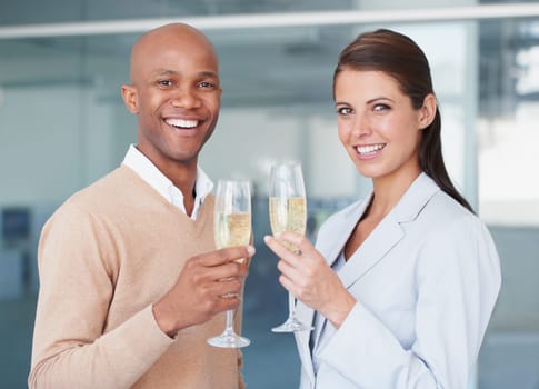Portrait, woman and man with champagne for partnership, collaboration or global success. Businesspeople, corporate and diversity with glass for toast, cheers or celebration in happiness in office.