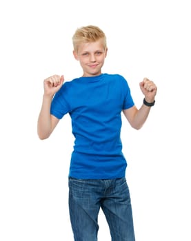 Teenager, boy and portrait in studio with fist, confidence and casual style for celebration on white background. Person, child and face with happiness, pride and cheering or trendy outfit on mock up.