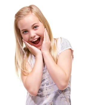 Wow, surprise and hands on face of girl child in studio with promotion, deal or info on white background. Omg, emoji and portrait of excited kid with children fashion announcement, sale or giveaway.