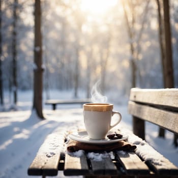 a cup of espresso coffee on a winter bench covered with snow, against the background of a winter forest in the rays of the sun