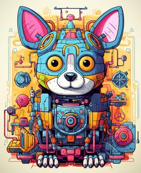 Cartoon dog robot. T-Shirt, Sticker. Funny cyborg. 