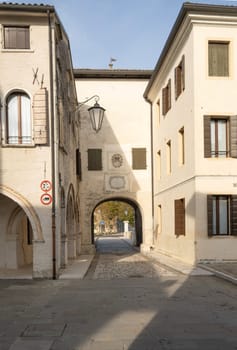 Portobuffolè, Italy. November 9, 2023. The medieval gate called Friuli surmounted by Toresin, 10th - 11th century