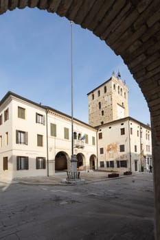 Portobuffolè, Italy. November 9, 2023. external view of the municipality building in the center of the town