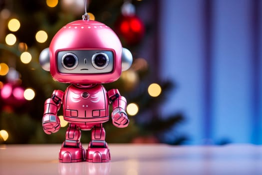 a New Year's toy in the form of a robot on a Christmas background. Copy space. High quality photo