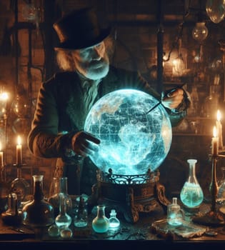 steampunk magician artisan god mechanic in lab check repair planet health as earth day concept illustration generative ai art