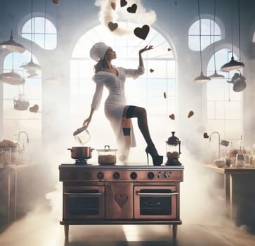 glamourous chef in steampunk kitchen with windiwn natural light cooking posing dancing singing illustration generative ai art