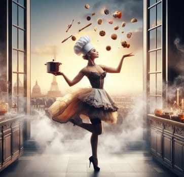 glamourous chef in steampunk kitchen with windiwn natural light cooking posing dancing singing illustration generative ai art