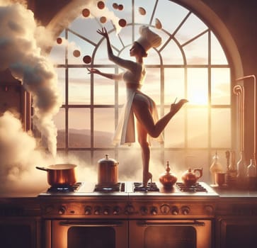 glamourous chef in steampunk kitchen with windiwn natural light cooking posing dancing singing illustration generative ai art