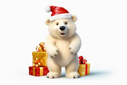 Polar bear in Christmas, red hat with presents. New Year's holiday concept