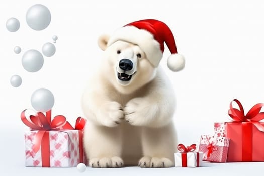 Polar bear in Christmas, red hat with presents. New Year's holiday concept