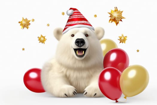 Polar bear in Christmas, red hat with presents. New Year's holiday concept