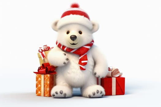 Polar bear in Christmas, red hat with presents. New Year's holiday concept