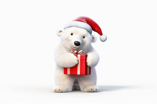 Polar bear in Christmas, red hat with presents. New Year's holiday concept