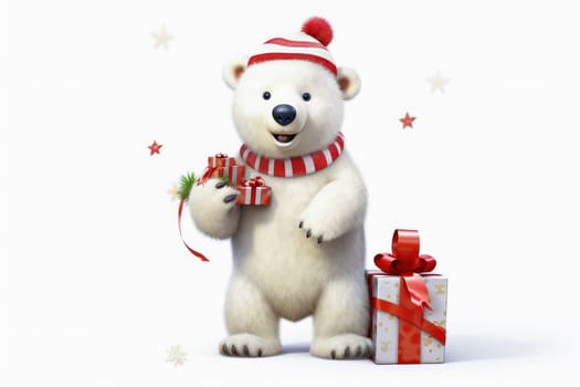 Polar bear in Christmas, red hat with presents. New Year's holiday concept