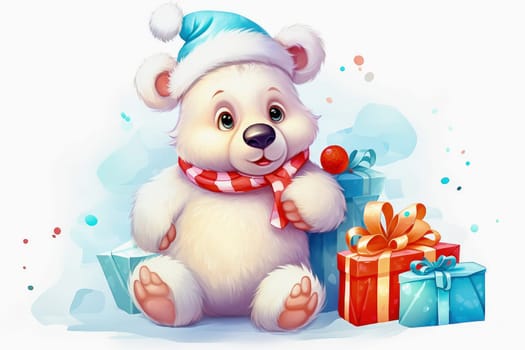 White little bear in New Year, hat with gifts. New Year's holiday concept