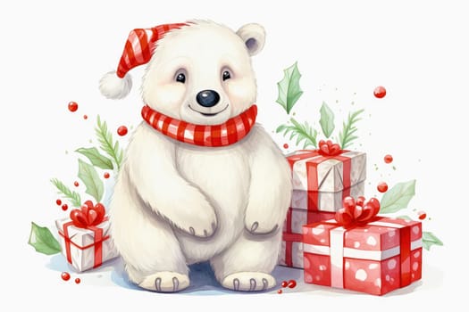 Polar bear in Christmas, red hat with presents. New Year's holiday concept