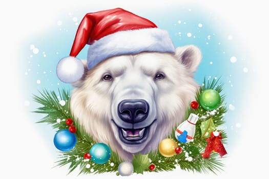 Polar bear in Christmas, red hat with presents. New Year's holiday concept