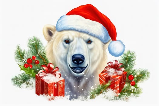 Polar bear in Christmas, red hat with presents. New Year's holiday concept