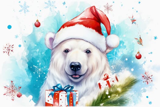 Polar bear in Christmas, red hat with presents. New Year's holiday concept