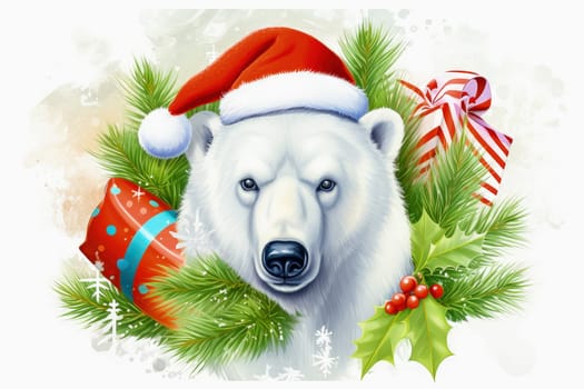 Polar bear in Christmas, red hat with presents. New Year's holiday concept