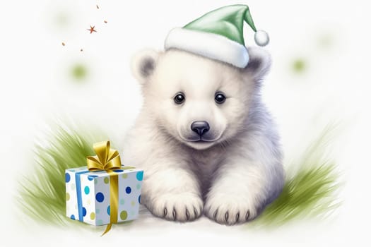 White little bear in New Year, hat with gifts. New Year's holiday concept