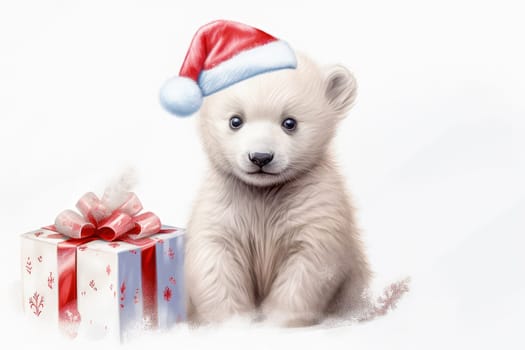 Polar bear in Christmas, red hat with presents. New Year's holiday concept