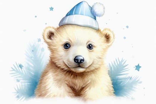 White little bear in New Year, hat with gifts. New Year's holiday concept