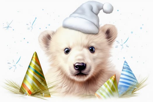 White little bear in New Year, hat with gifts. New Year's holiday concept