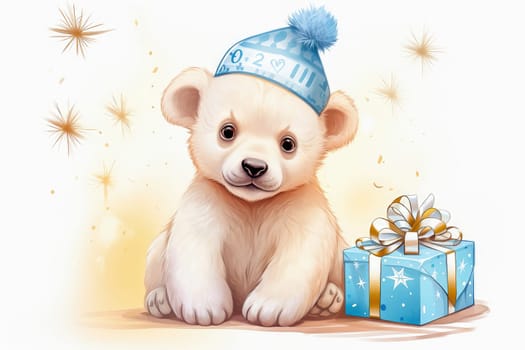 White little bear in New Year, hat with gifts. New Year's holiday concept