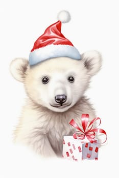 Polar bear in Christmas, red hat with presents. New Year's holiday concept