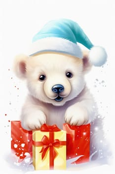 White little bear in New Year, hat with gifts. New Year's holiday concept