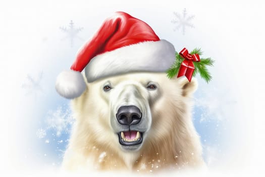 Polar bear in Christmas, red hat with presents. New Year's holiday concept