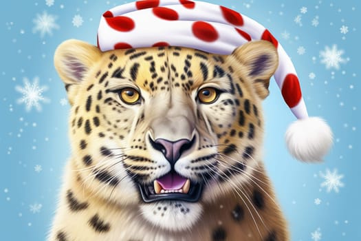 Portrait of a tiger in a New Year's cap. Concept of New Year's holiday