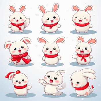 New Year emoticons funny bunnies, emoji. Cartoon style, New Year, Christmas