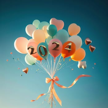 Illustration of balloons symbolizing the coming of the new year 2024. Generative AI. High quality illustration