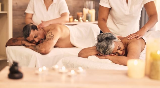 Relax, senior and a couple at the spa for a massage together for peace, wellness or bonding. Luxury, skin or body care with an old woman and man in a beauty salon for physical therapy or treatment.