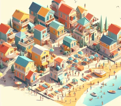 isometric 3d render of a touristic happy colored crowded village at the sea in summertime ai generative art