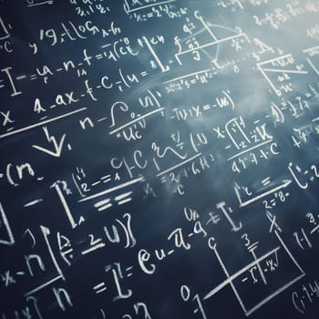 Close up of math formulas on a green blackboard.