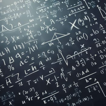 Close up of math formulas on a green blackboard.